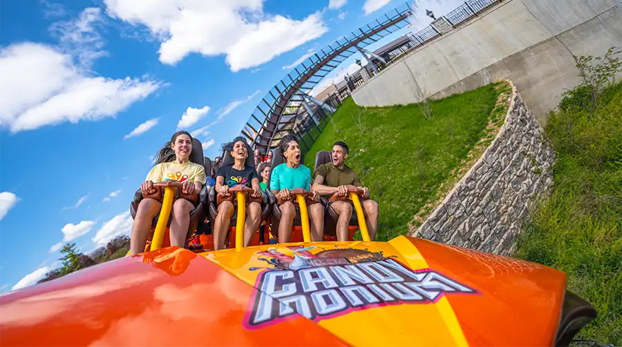 Teens riding Candymonium at Hersheypark